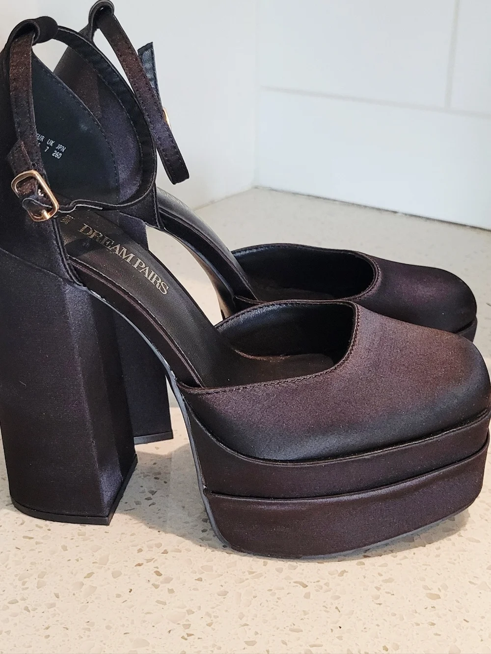 Dream Pairs Black Satin Platform Block Heels with Ankle Strap | Size 9